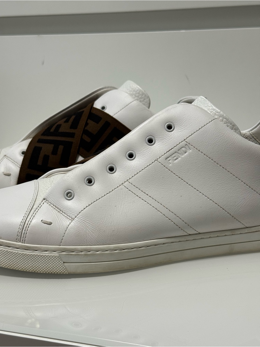 Fendi White Leather Slip-On Sneakers with FF Fendi Logo Cross Strap - Picture 15 of 17